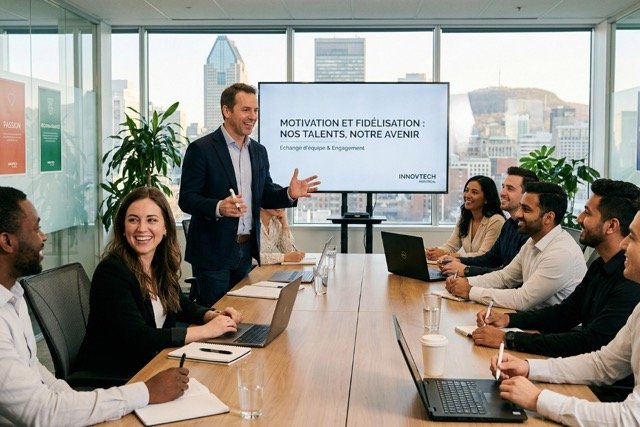 Un manager échangeant avec son équipe pour motiver les salariés et fidéliser ses talents