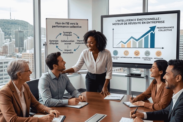 Une équipe soudée démontrant l'impact de l'intelligence émotionnelle en entreprise sur la performance collective