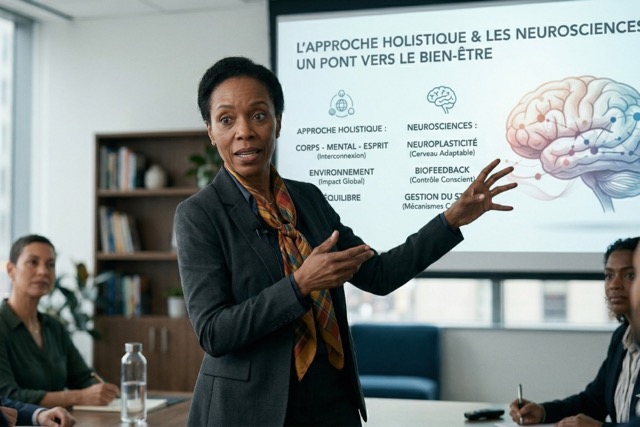 Une coach expliquant les bienfaits de l'approche holistique et des neurosciences